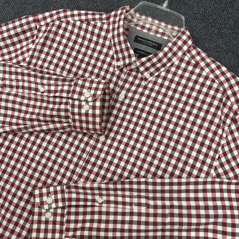 Banana Republic Button Down‎ Shirt Mens L Red Wht Blk Camden Fit Non-Iron Check